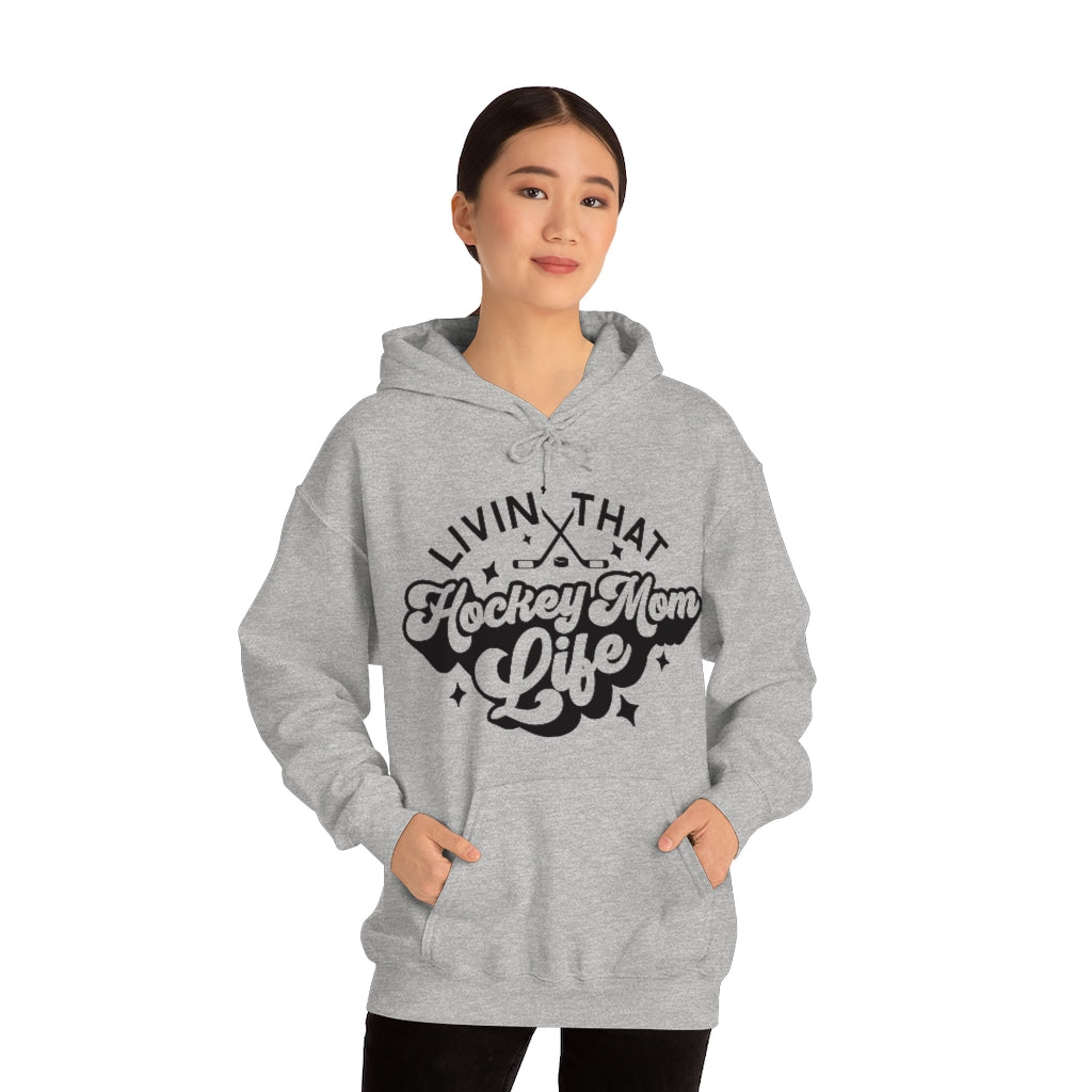 Living The Hockey Mom Life Hockey Mom Gifts: Retro Vintage Lettering Unisex Heavy Blend Hooded Sweatshirt