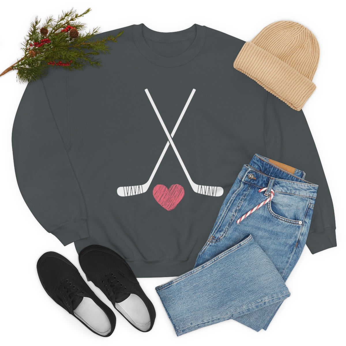 Hockey Stick Sweatshirt Heart Hockey Puck | Hockey Mom Shirt | Hockey Sweatshirt | Hockey Gifts | Sweaters for Women | Hockey Art