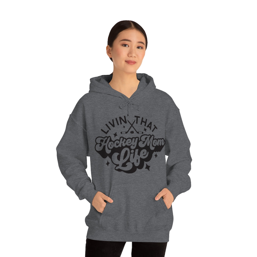 Living The Hockey Mom Life Hockey Mom Gifts: Retro Vintage Lettering Unisex Heavy Blend Hooded Sweatshirt