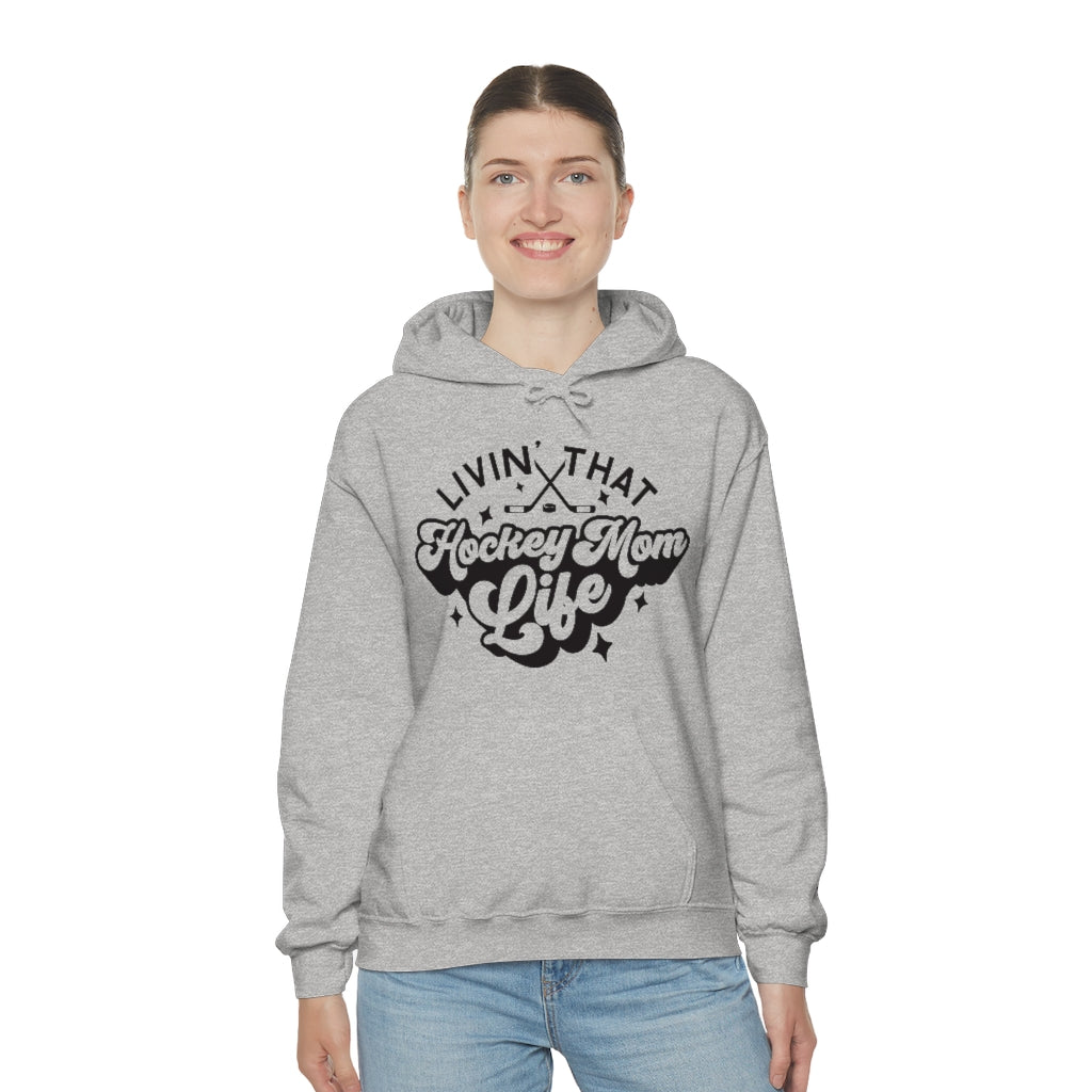 Living The Hockey Mom Life Hockey Mom Gifts: Retro Vintage Lettering Unisex Heavy Blend Hooded Sweatshirt