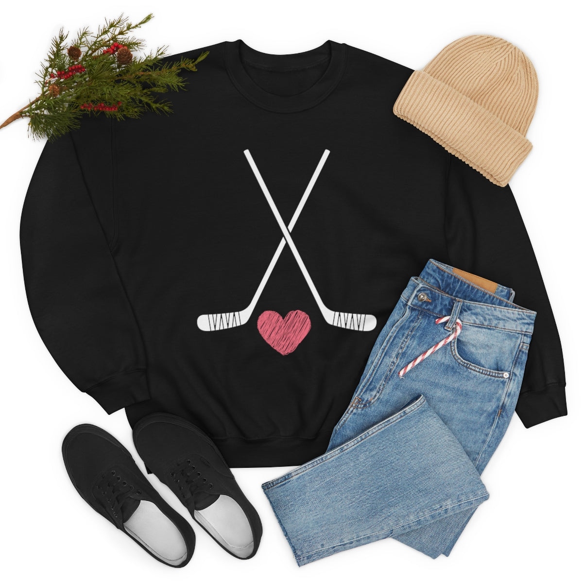 Hockey Stick Sweatshirt Heart Hockey Puck | Hockey Mom Shirt | Hockey Sweatshirt | Hockey Gifts | Sweaters for Women | Hockey Art