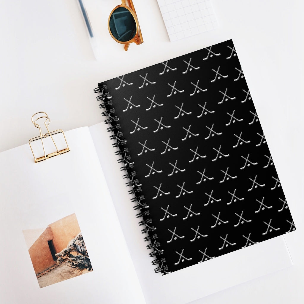 Hockey Lover Ruled Line Paper Spiral Notebook - Hockey Player, Team Mom, Black and White Graphic Hockey Gifts for Kids, Moms