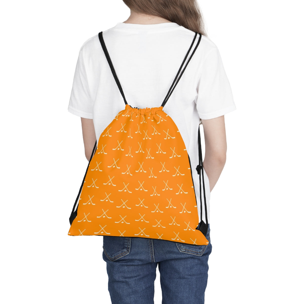 Hockey Player Gift for Game Day, Outdoor Drawstring Bag Orange and White Hockey Sticks, Team Gift, Bulk Gift