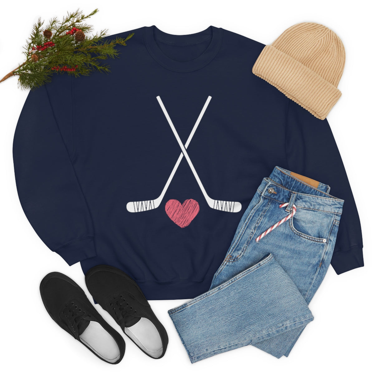 Hockey Stick Sweatshirt Heart Hockey Puck | Hockey Mom Shirt | Hockey Sweatshirt | Hockey Gifts | Sweaters for Women | Hockey Art