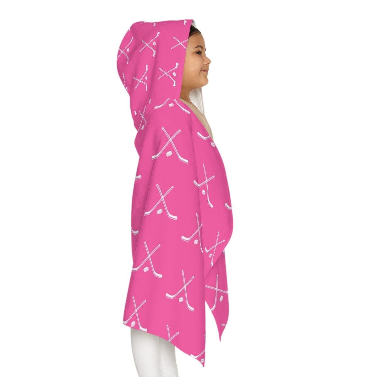 Hockey Player Youth Hooded Towel, Gifts for Hockey Players, Bathroom Towel, Hockey Sticks Pink and White