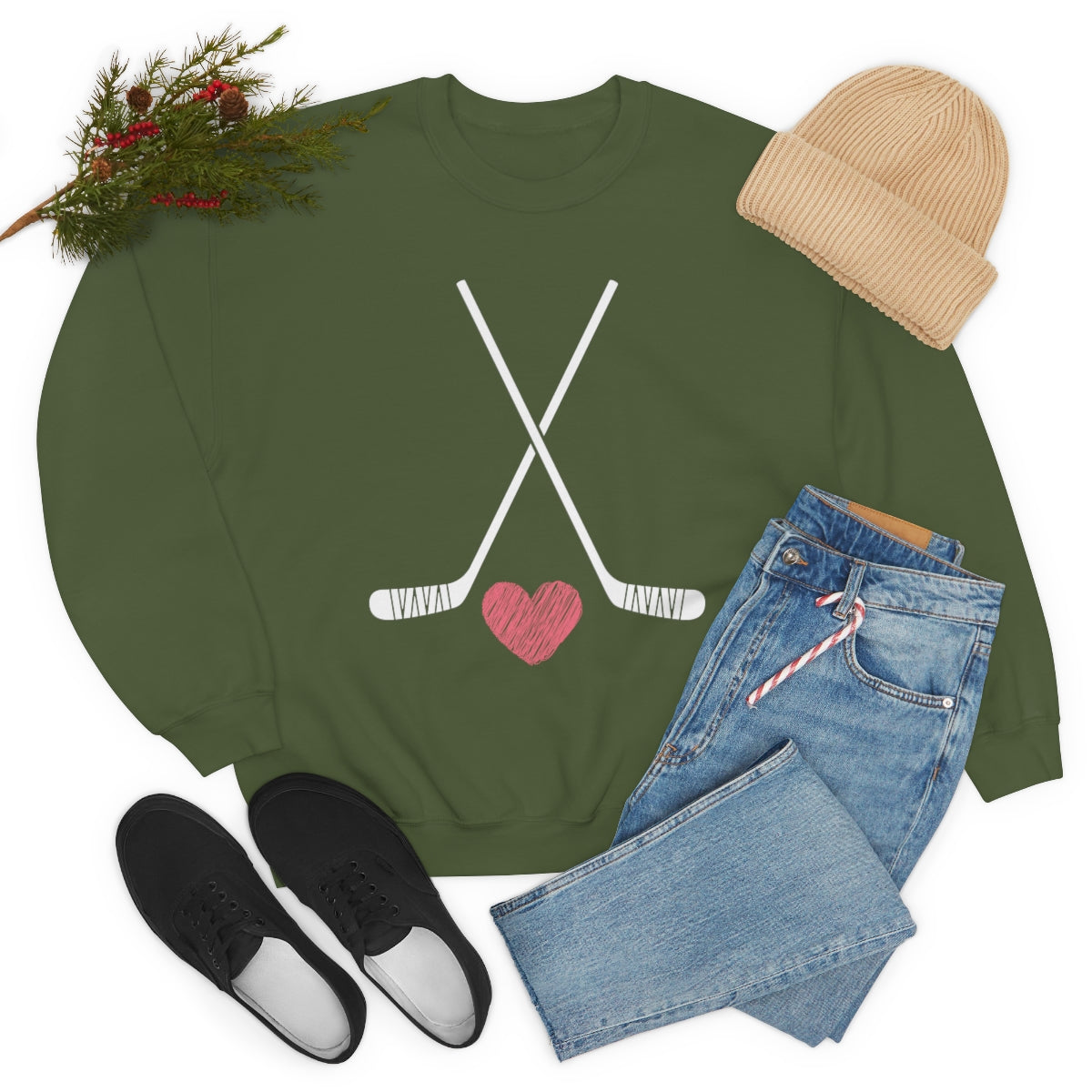 Hockey Stick Sweatshirt Heart Hockey Puck | Hockey Mom Shirt | Hockey Sweatshirt | Hockey Gifts | Sweaters for Women | Hockey Art