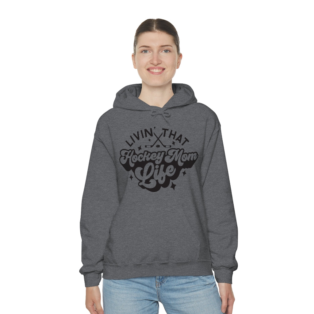 Living The Hockey Mom Life Hockey Mom Gifts: Retro Vintage Lettering Unisex Heavy Blend Hooded Sweatshirt