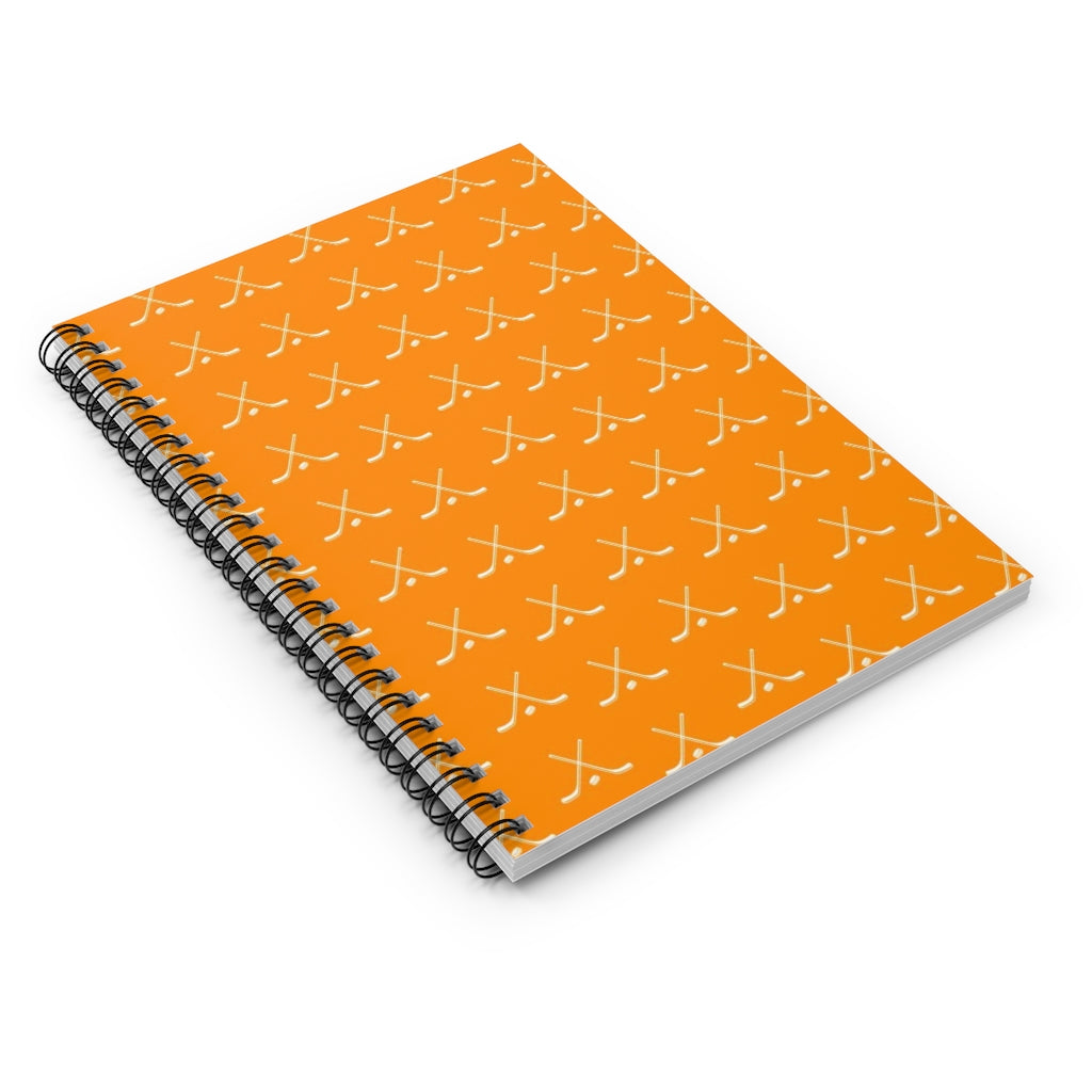 Hockey Lover Ruled Line Paper Spiral Notebook - Hockey Player, Team Mom, Orange and White Graphic Hockey Gifts for Kids, Moms, Fans