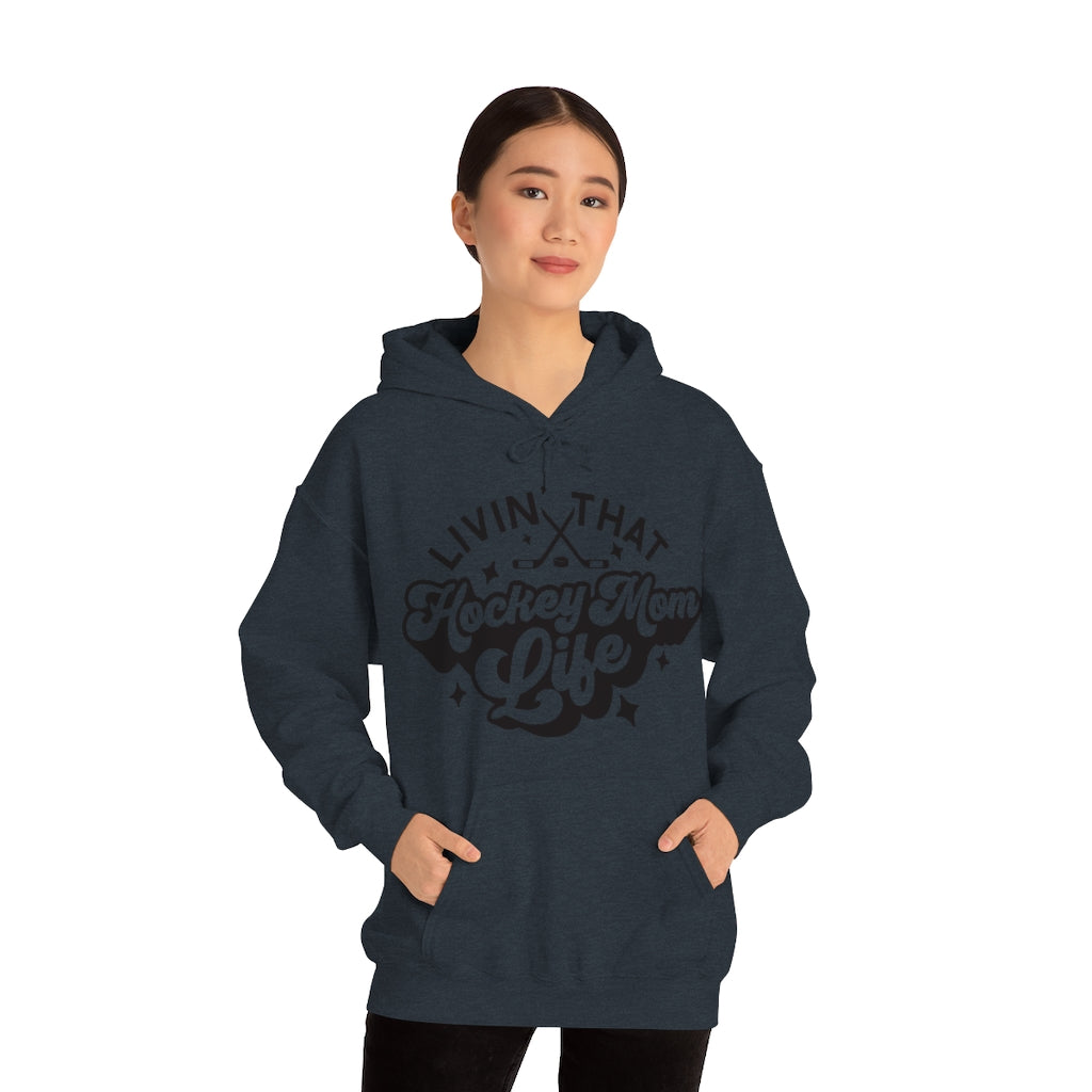 Living The Hockey Mom Life Hockey Mom Gifts: Retro Vintage Lettering Unisex Heavy Blend Hooded Sweatshirt