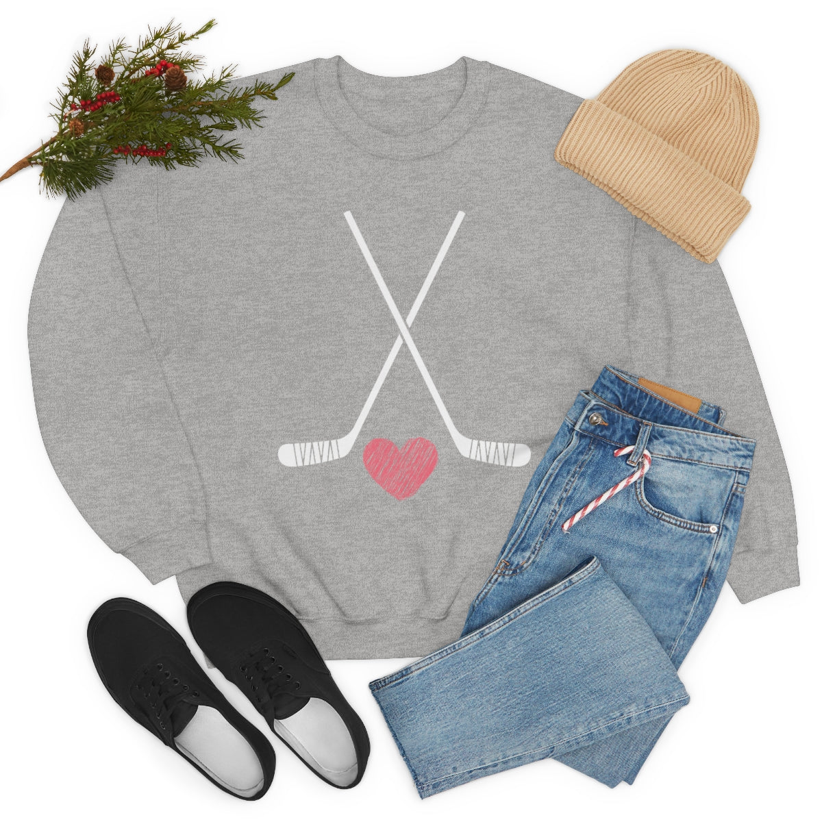 Hockey Stick Sweatshirt Heart Hockey Puck | Hockey Mom Shirt | Hockey Sweatshirt | Hockey Gifts | Sweaters for Women | Hockey Art